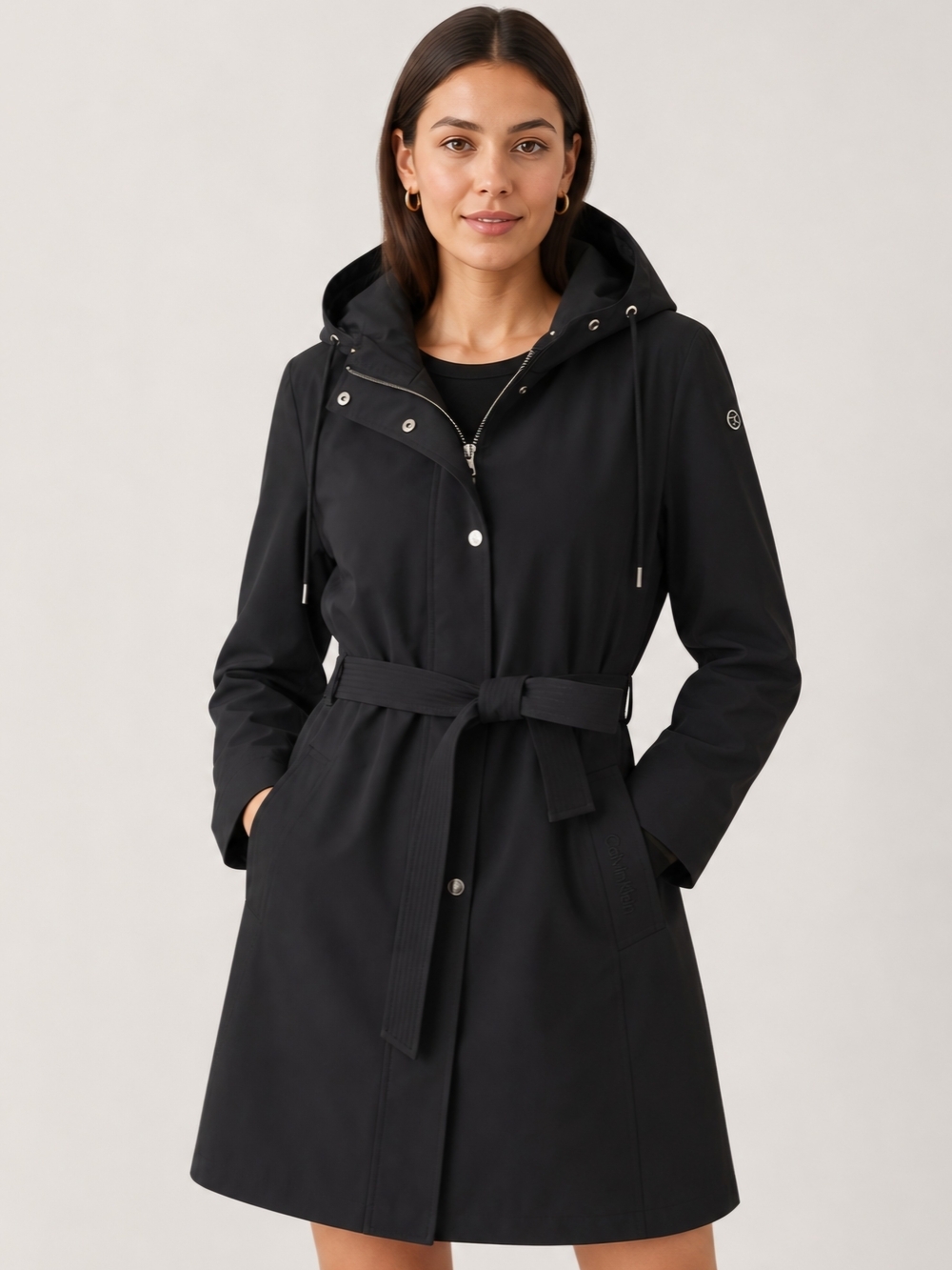 Calvin Klein Belted Hooded Trench Coat Black Quiet Luxury Minimalist Classic Y2K